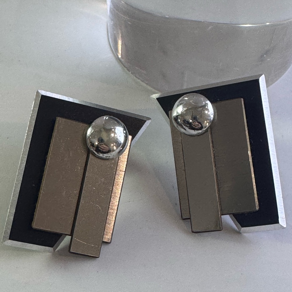 Vintage Christophe Poly Silver and Black Geometric Earrings